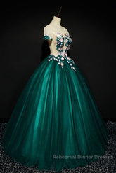 Dark Green Tulle Round Neckline Ball Gown Formal Dress, Quinceanera Dress